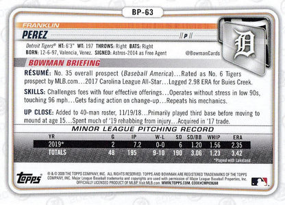 2020 Bowman Prospects Franklin Perez BP-63 Detroit Tigers