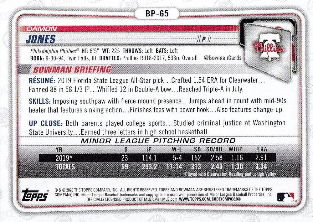 2020 Bowman Prospects Damon Jones BP-65 Philadelphia Phillies