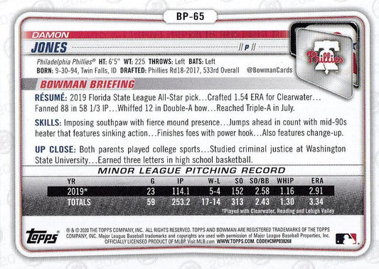 2020 Bowman Prospects Damon Jones BP-65 Philadelphia Phillies