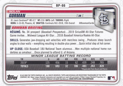 2020 Bowman Prospects Nolan Gorman BP-66 St. Louis Cardinals