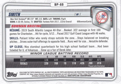 2020 Bowman Prospects Canaan Smith BP-69 New York Yankees