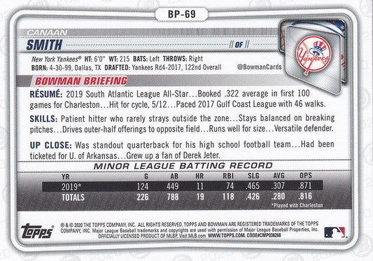 2020 Bowman Prospects Canaan Smith BP-69 New York Yankees