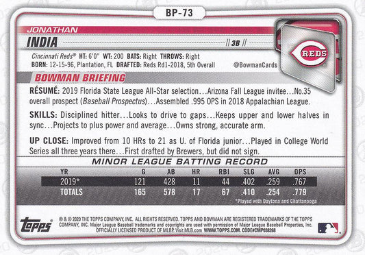 2020 Bowman Prospects Jonathan India BP-73 Cincinnati Reds