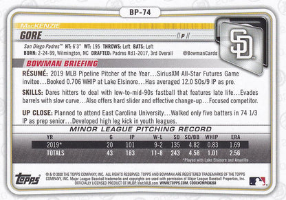 2020 Bowman Prospects MacKenzie Gore BP-74 San Diego Padres