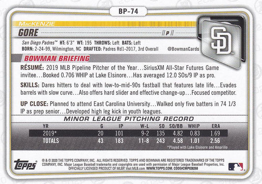 2020 Bowman Prospects MacKenzie Gore BP-74 San Diego Padres