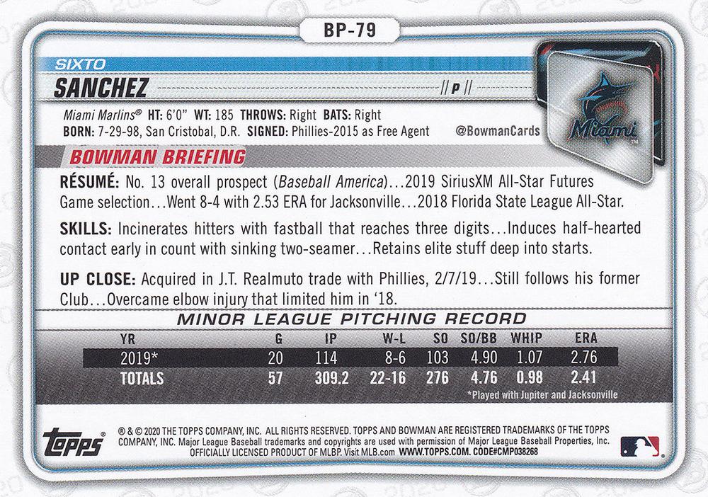 2020 Bowman Prospects Sixto Sanchez BP-79 Miami Marlins