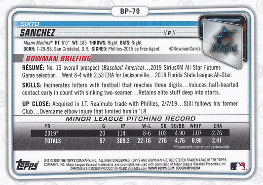 2020 Bowman Prospects Sixto Sanchez BP-79 Miami Marlins