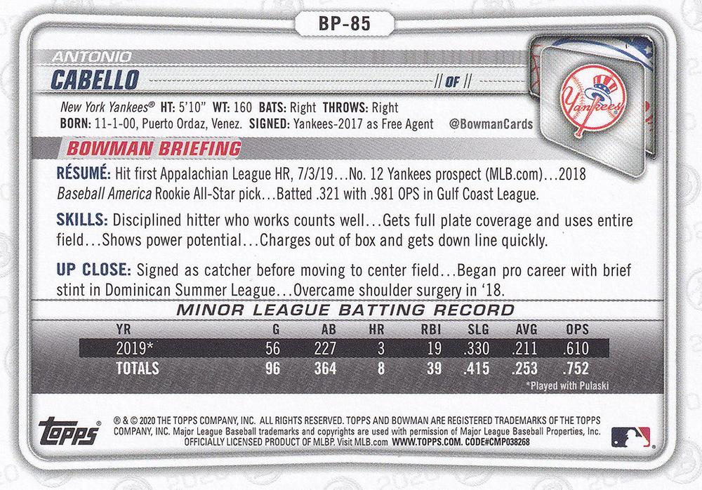 2020 Bowman Prospects Antonio Cabello BP-85 New York Yankees