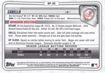 2020 Bowman Prospects Antonio Cabello BP-85 New York Yankees