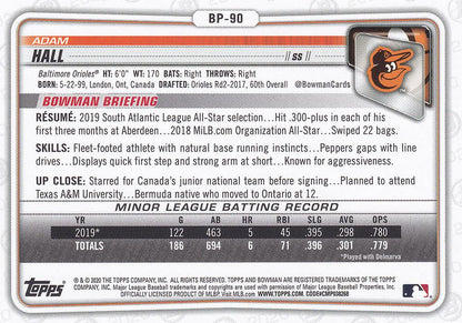 2020 Bowman Prospects Adam Hall BP-90 Baltimore Orioles