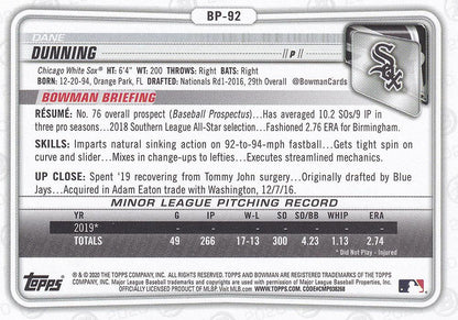 2020 Bowman Prospects Dane Dunning BP-92 Chicago White Sox