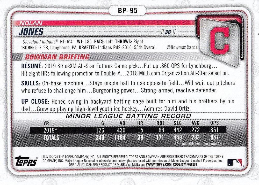 2020 Bowman Prospects Nolan Jones BP-95 Cleveland Indians