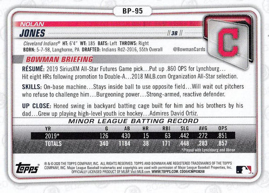 2020 Bowman Prospects Nolan Jones BP-95 Cleveland Indians