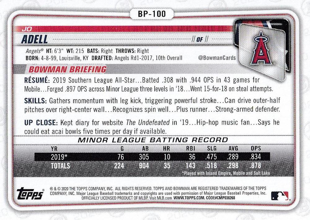 2020 Bowman Prospects Jo Adell BP-100 Angels