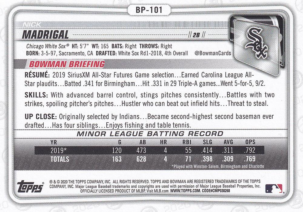 2020 Bowman Prospects Nick Madrigal BP-101 Chicago White Sox