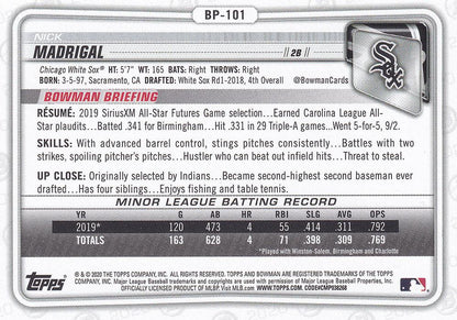 2020 Bowman Prospects Nick Madrigal BP-101 Chicago White Sox