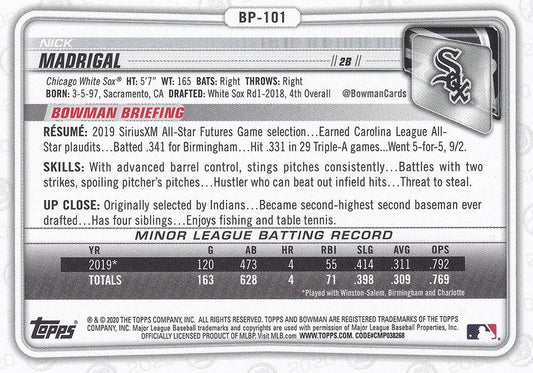 2020 Bowman Prospects Nick Madrigal BP-101 Chicago White Sox