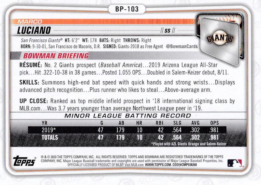 2020 Bowman Prospects Marco Luciano BP-103 San Francisco Giants