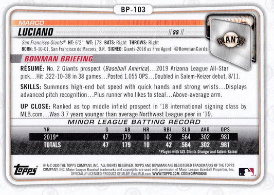 2020 Bowman Prospects Marco Luciano BP-103 San Francisco Giants
