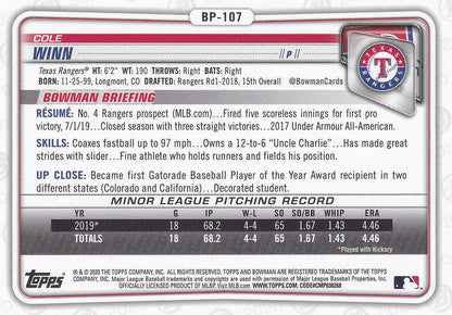 2020 Bowman Prospects Cole Winn BP-107 Texas Rangers