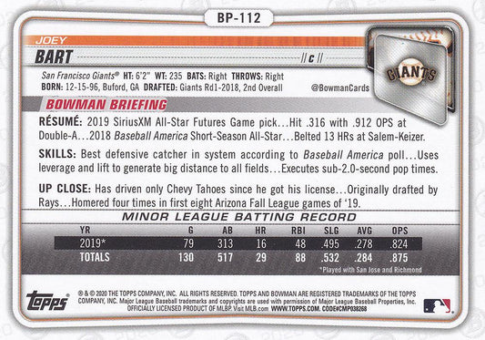 2020 Bowman Prospects Joey Bart BP-112 San Francisco Giants