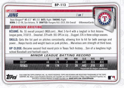 2020 Bowman Prospects Josh Jung BP-113 Texas Rangers
