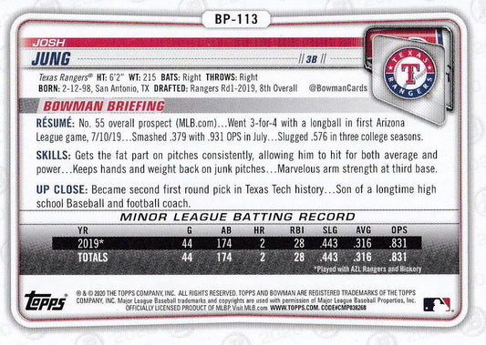 2020 Bowman Prospects Josh Jung BP-113 Texas Rangers