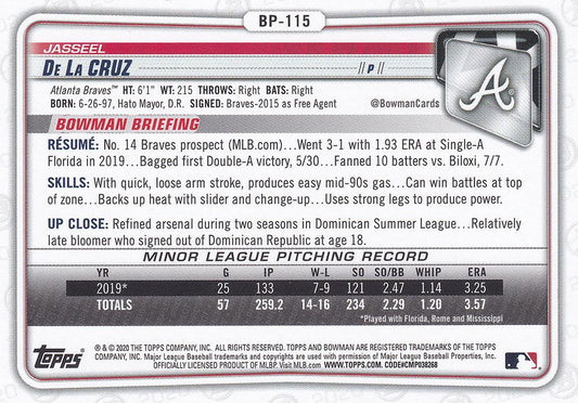 2020 Bowman Prospects Jasseel De La Cruz BP-115 Atlanta Braves