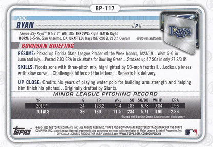 2020 Bowman Prospects Joe Ryan BP-117 Tampa Bay Rays