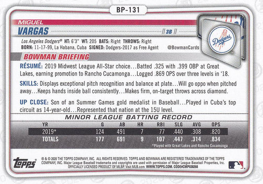 2020 Bowman Prospects Miguel Vargas BP-131 Los Angeles Dodgers