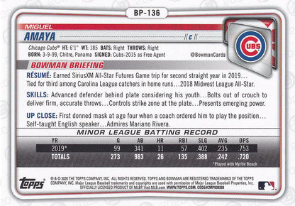 2020 Bowman Prospects Miguel Amaya BP-136 Chicago Cubs