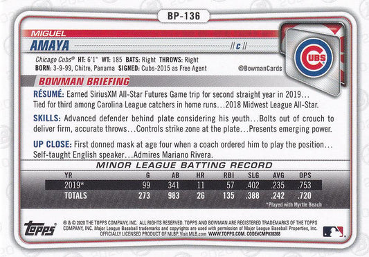 2020 Bowman Prospects Miguel Amaya BP-136 Chicago Cubs