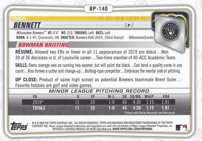 2020 Bowman Prospects Nick Bennett BP-140 Milwaukee Brewers