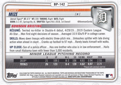 2020 Bowman Prospects Casey Mize BP-142 Detroit Tigers