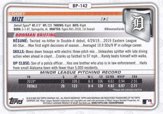2020 Bowman Prospects Casey Mize BP-142 Detroit Tigers