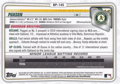 2020 Bowman Prospects Robert Puason BP-145 Oakland Athletics