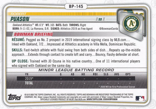 2020 Bowman Prospects Robert Puason BP-145 Oakland Athletics