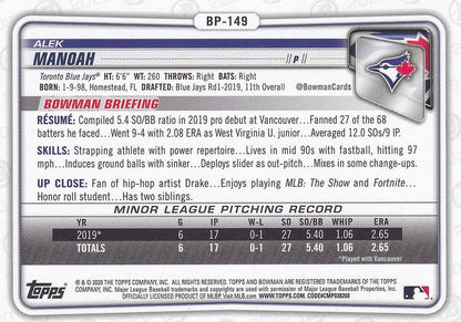 2020 Bowman Prospects Alek Manoah BP-149 Toronto Blue Jays