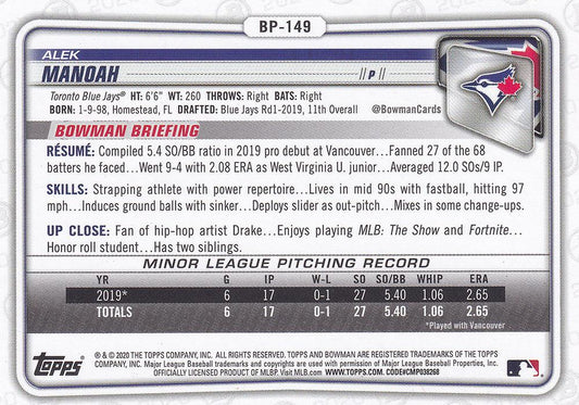 2020 Bowman Prospects Alek Manoah BP-149 Toronto Blue Jays