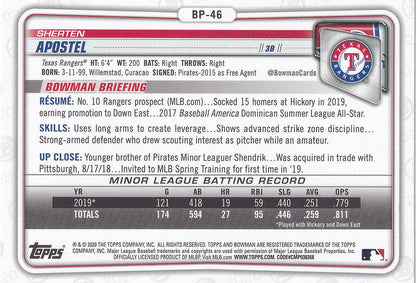 2020 Bowman Prospects Grean Parallel Sherten Apostel BP-46 Texas Rangers