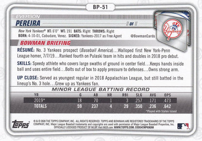 2020 Bowman 1st Prospects Camo Everson Pereira BP-51 New York Yankees