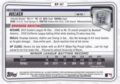 2020 Bowman 1st Prospects Camo Colton Welker BP-87 Colorado Rockies