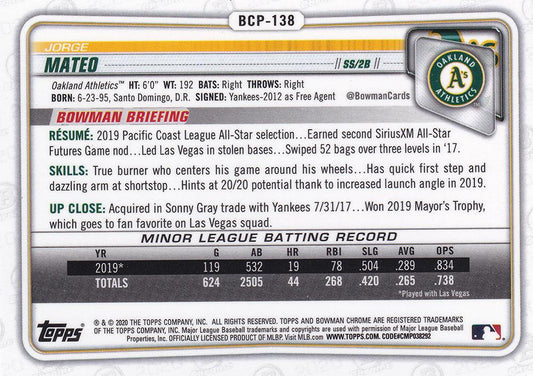 2020 Bowman Chrome Prospects Jorge Mateo BCP-138 Oakland Athletics