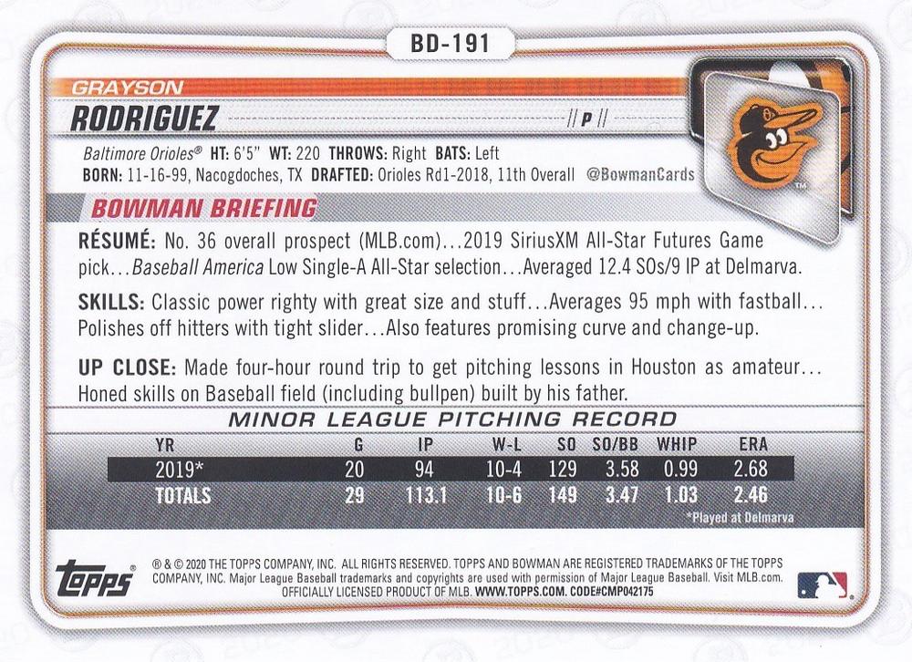 2020 Bowman Draft Grayson Rodriguez BD-191 Baltimore Orioles