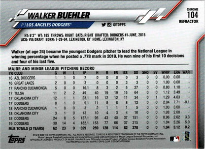 2020 Topps Chrome Pink Refractor Walker Buehler  #104 Los Angeles Dodgers