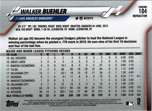 2020 Topps Chrome Pink Refractor Walker Buehler  #104 Los Angeles Dodgers