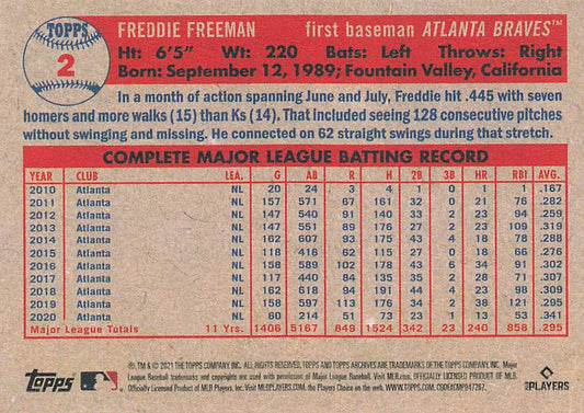 2021 Topps Archives Freddie Freeman #2 Atlanta Braves