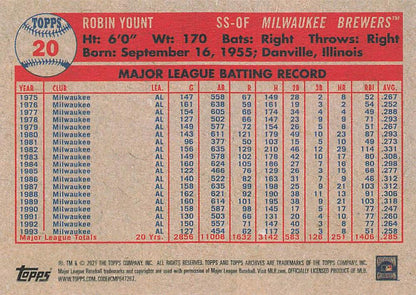 2021 Topps Archives Robin Yount #20 Milwaukee Brewers