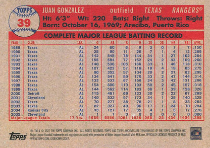 2021 Topps Archives Juan Gonzalez #39 Texas Rangers