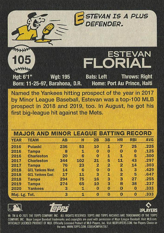 2021 Topps Archives Estevan Florial #105 New York Yankees